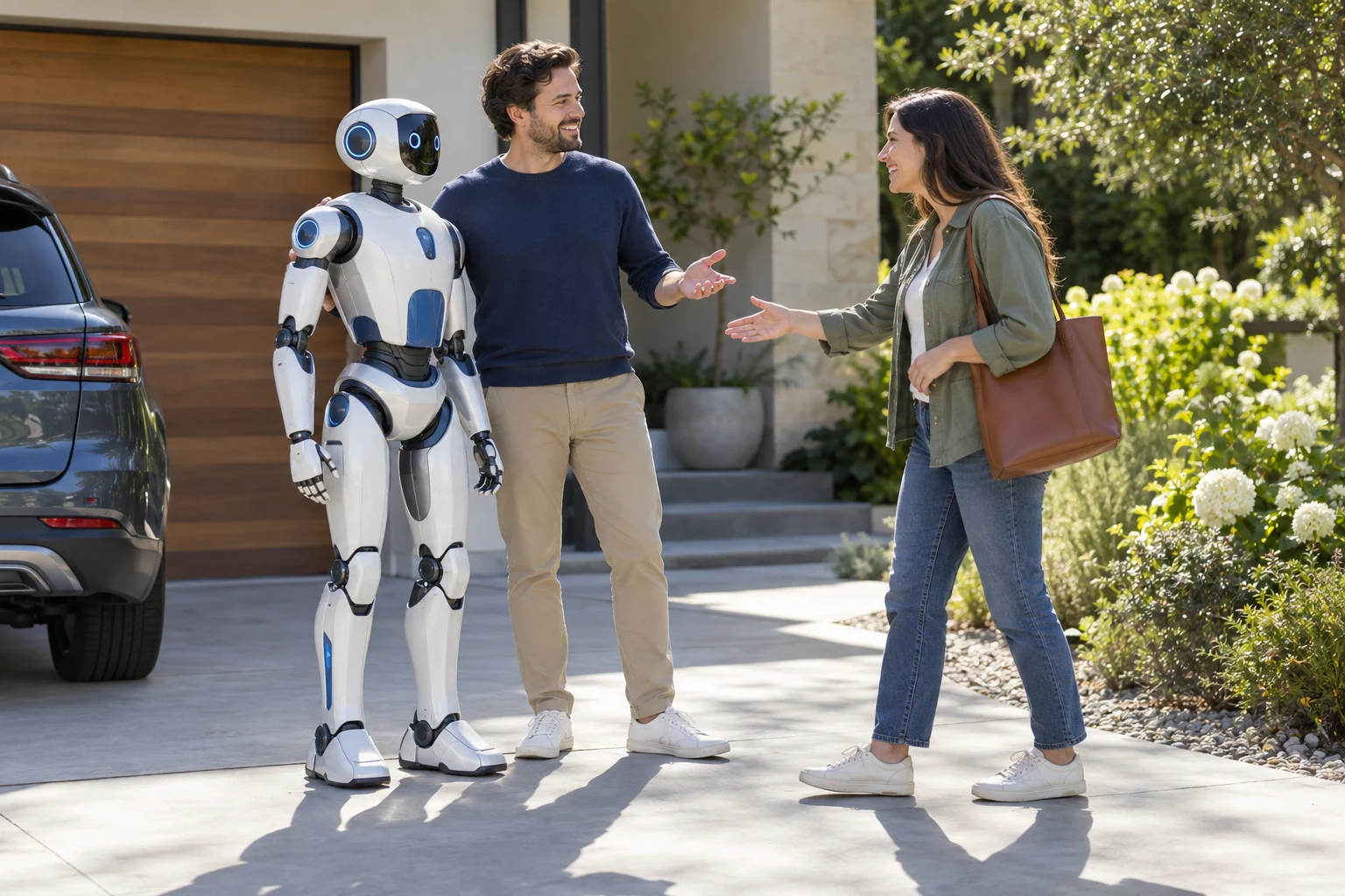 Concept image of a robot owner introducing a friendly humanoid robot to a neighbor